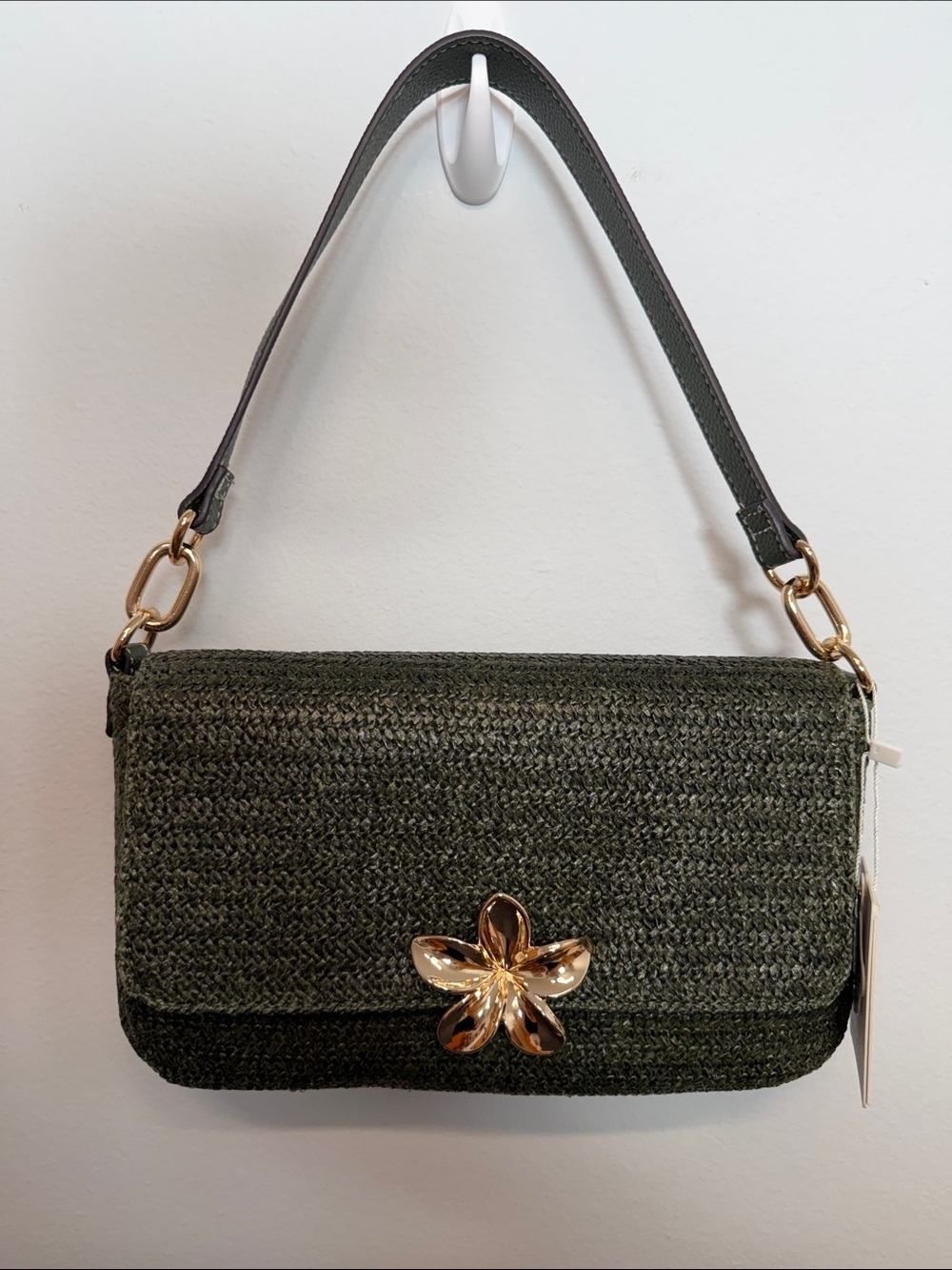 Nanette Lepore | Olive Green Straw Shoulder Bag w/ Flower Accent